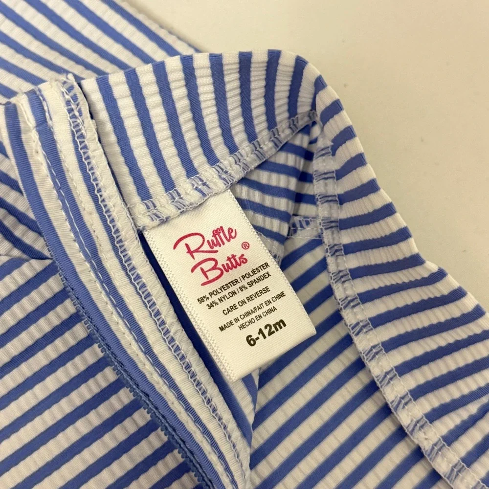 RuffleButts Baby Girl Blue White Seersucker Striped Rash Guard Swimsuit 6-12m